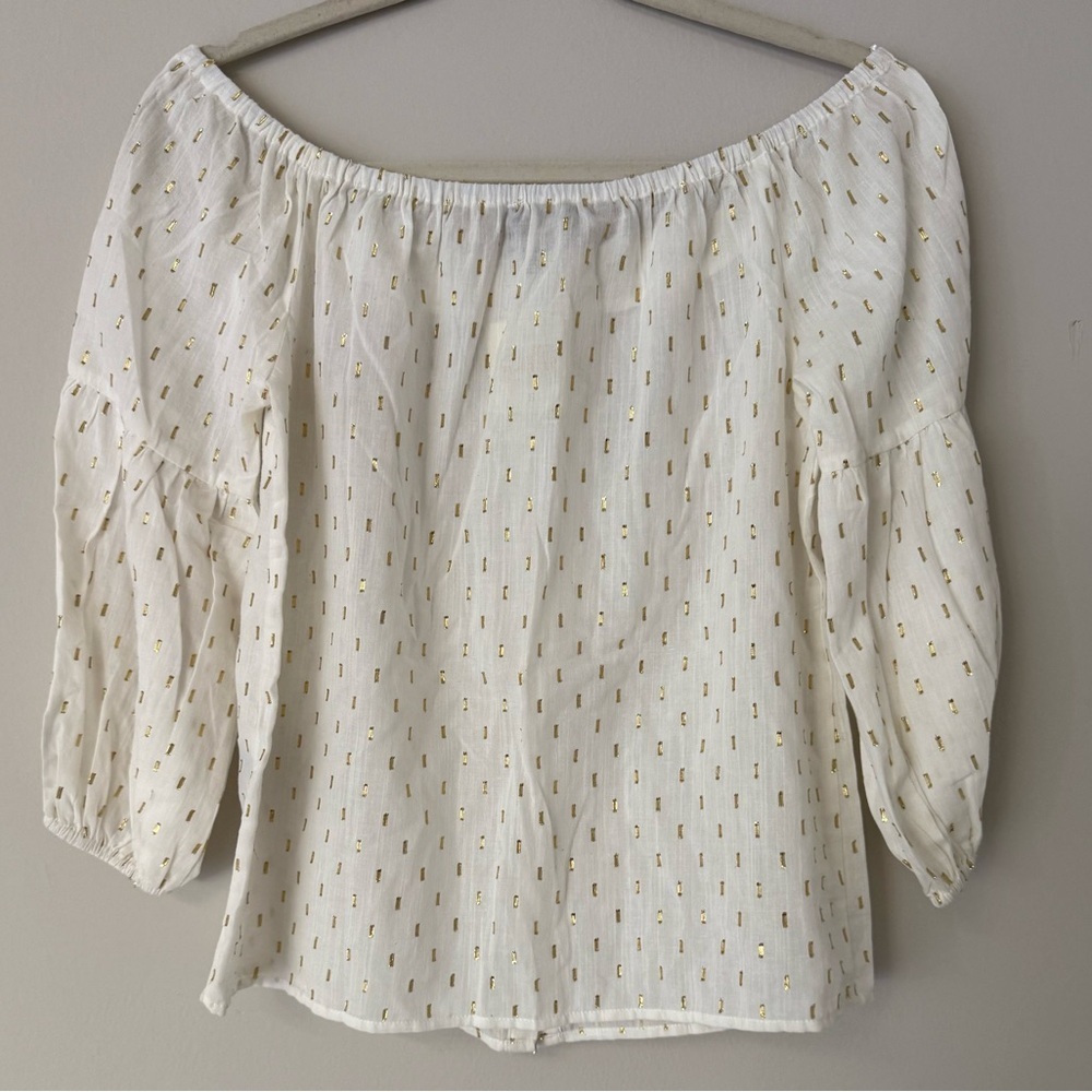 LUCKY BRAND NWT IVORY GOLD METALLIC OFF SHOULDER PEASANT BLOUSE SIZE S BOHO - Picture 8 of 11